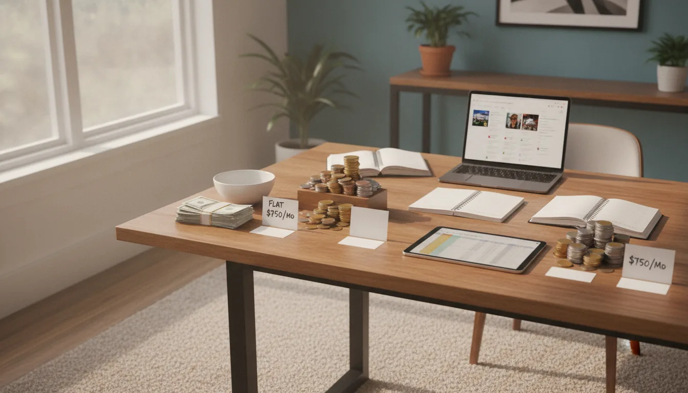 A small-business owner at a wooden counter reviewing a printed marketing cost sheet with a coffee mug beside it, in warm natural light.