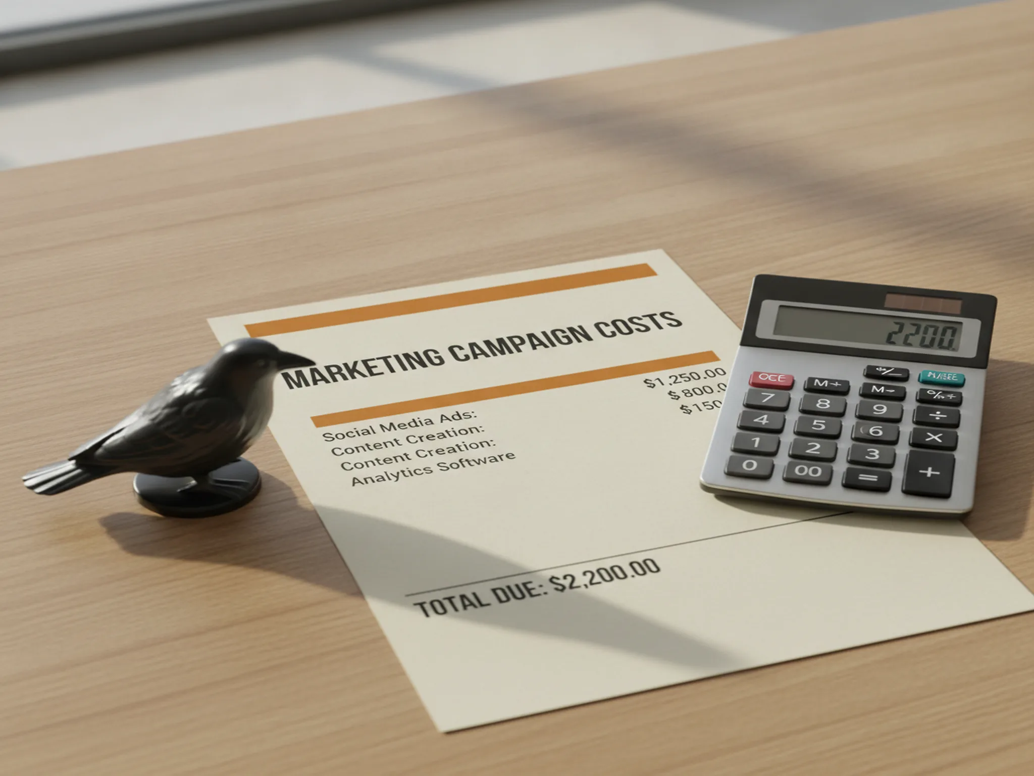 A printed marketing cost invoice with an open calculator on a warm oak desk, showing what a traditional monthly marketing budget adds up to.