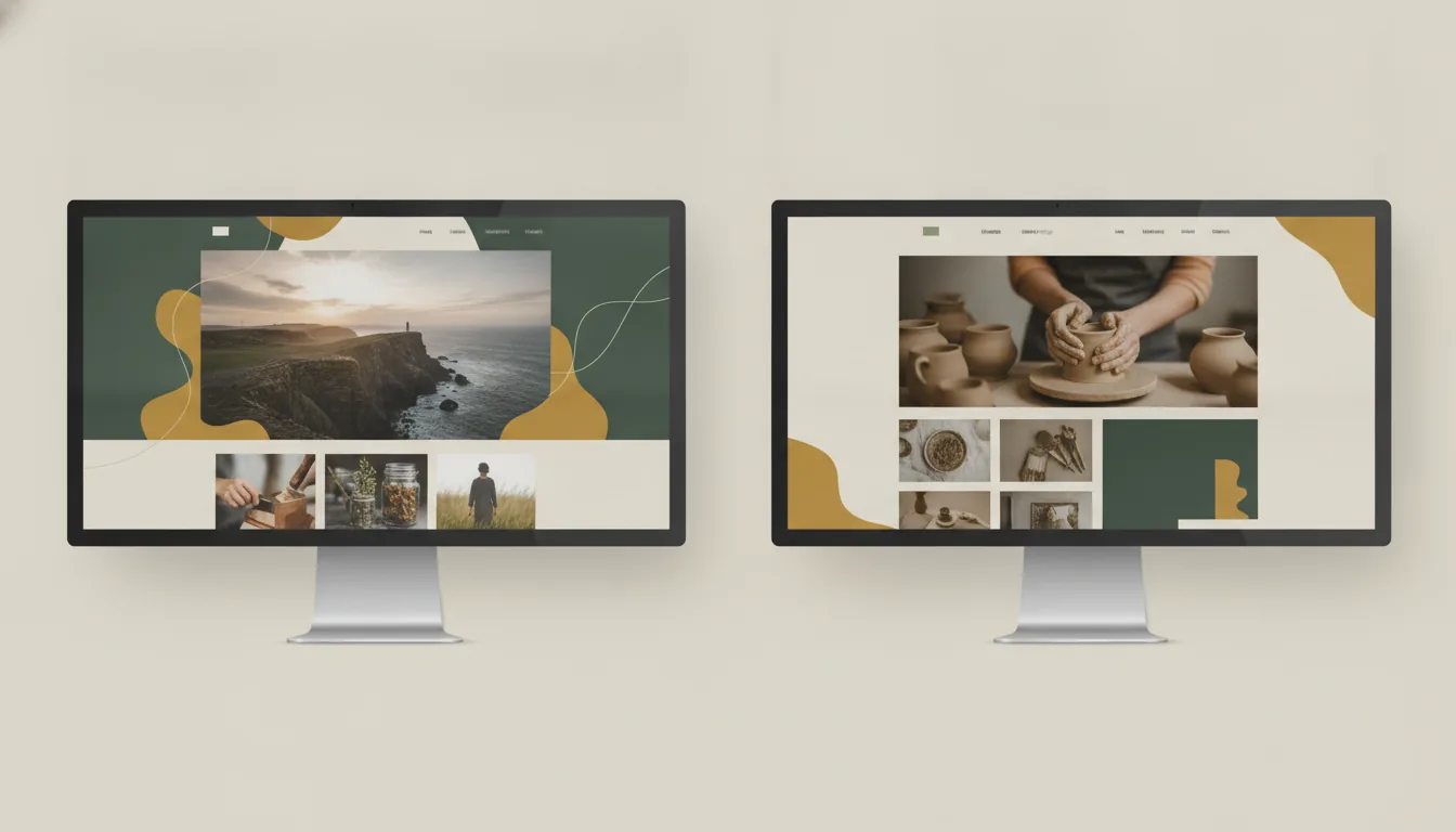 An on-brand website mockup of the home page and one inner page, rendered in the site's own palette.